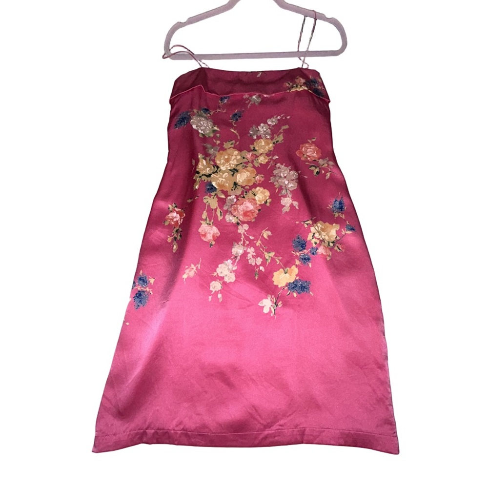 Floral Pink Satin Midi Dress with Spaghetti Straps